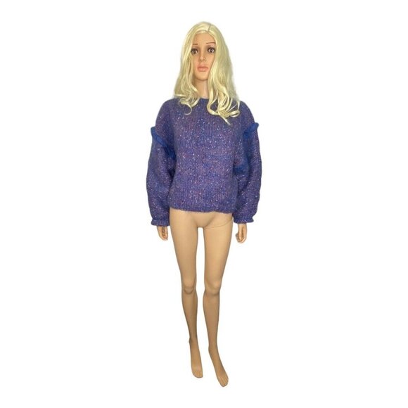 Hand Knit W's M/L Mohair Wool Oversized Sweater Drop Sleeve Trim Purple Blue - Picture 5 of 9